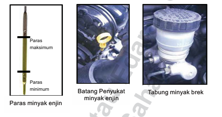 Aras dan kualiti minyak stereng kuasa, minyak brek dan cekam hendaklah diperiksa bagi memastikan berada paras yang mencukupi.